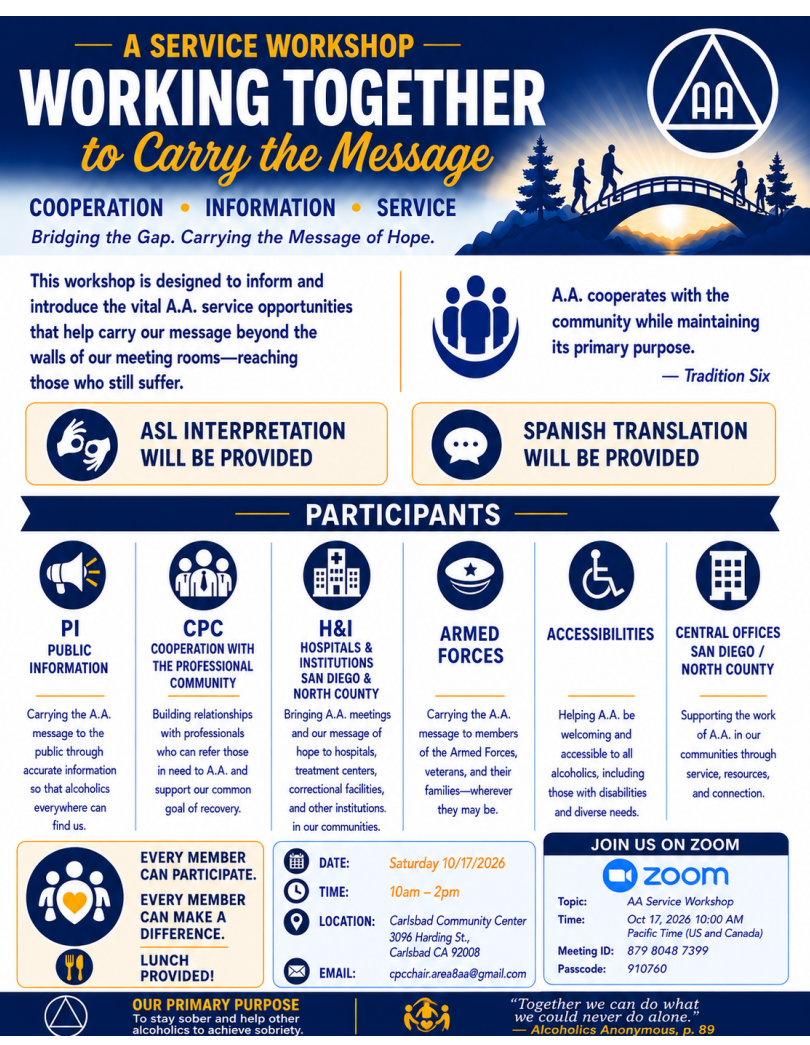 A Service Workshop Working Together to Carry the message @ Carlsbad Community Center